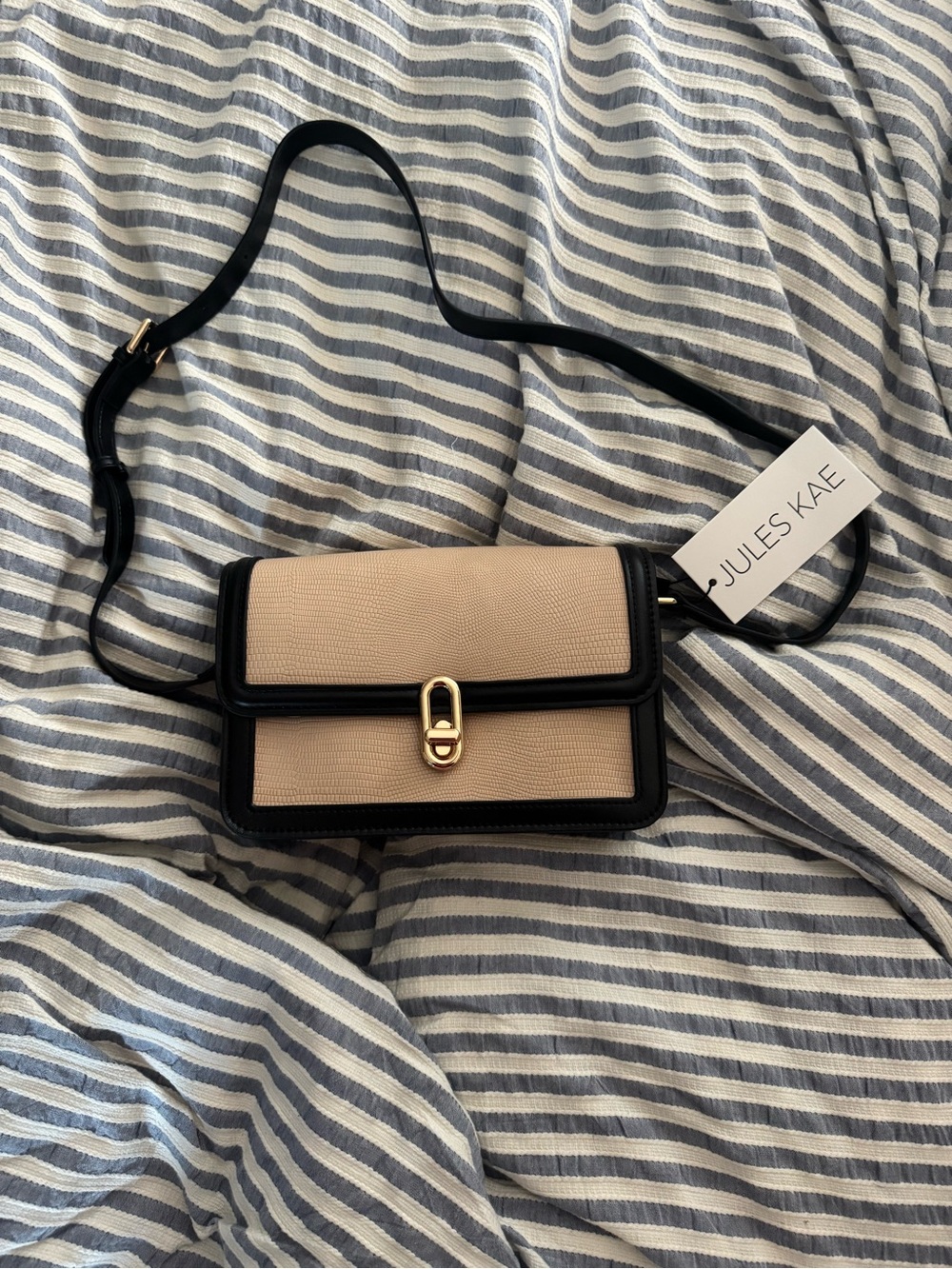 Jules Kae Beige and Black Shoulder Crossbody Bag with Gold Hardware
